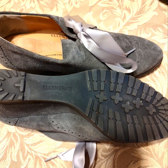 🩶 Gorgeous Slate Grey Genuine Suede Spectator Wingtip Oxford Wedges - 7.5M - Picture 11 of 14